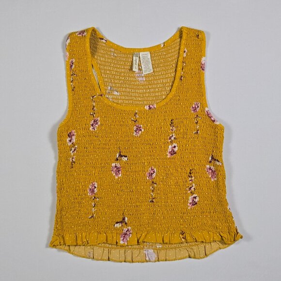 Japna Yellow Smocked Floral Crop Top Size L Square Neck Ruffle Hem Boho Stretchy - Picture 5 of 12